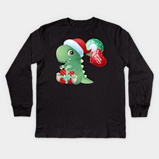 Cute Christmas T Rex With Santa Hat And Gift Box Kids Long Sleeve T-Shirt